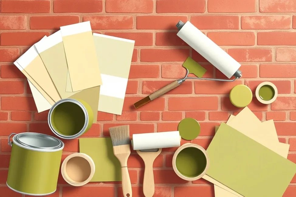 Pots de peinture, nuancier, brosses et rouleaux disposés à plat