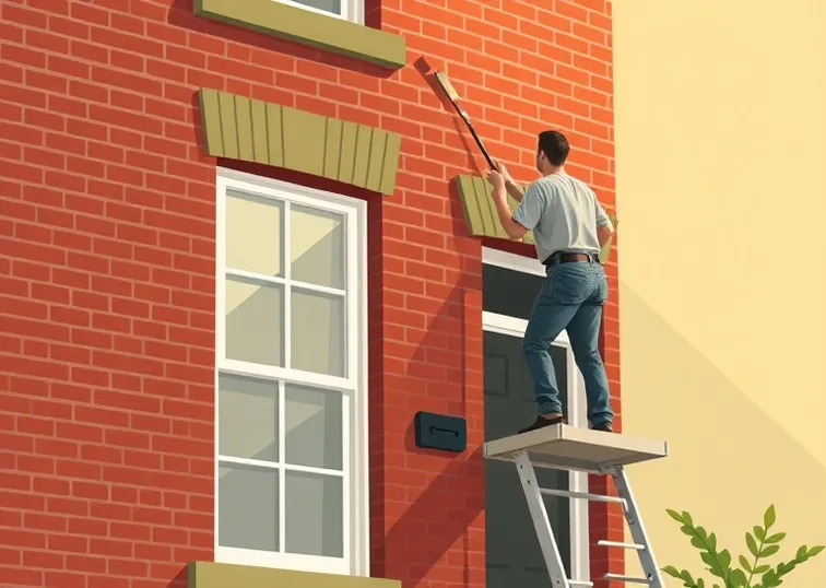 Peintre sur échafaudage traitant la façade d'une maison